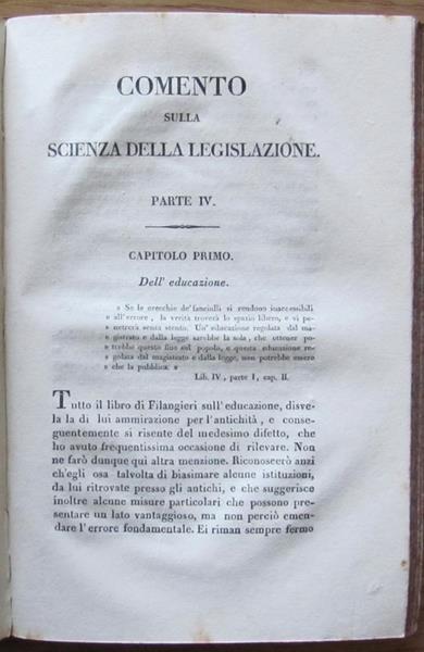 Comento Sulla Scienza Della Legislazione Di G. Filangeri. Ed. Italia, Ii Ed. 1828