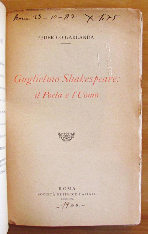 Guglielmo Shakespeare Il Poeta E L'Uomo - Collana Biblioteca Della Rivista Minerva - Federico Garlanda - 2