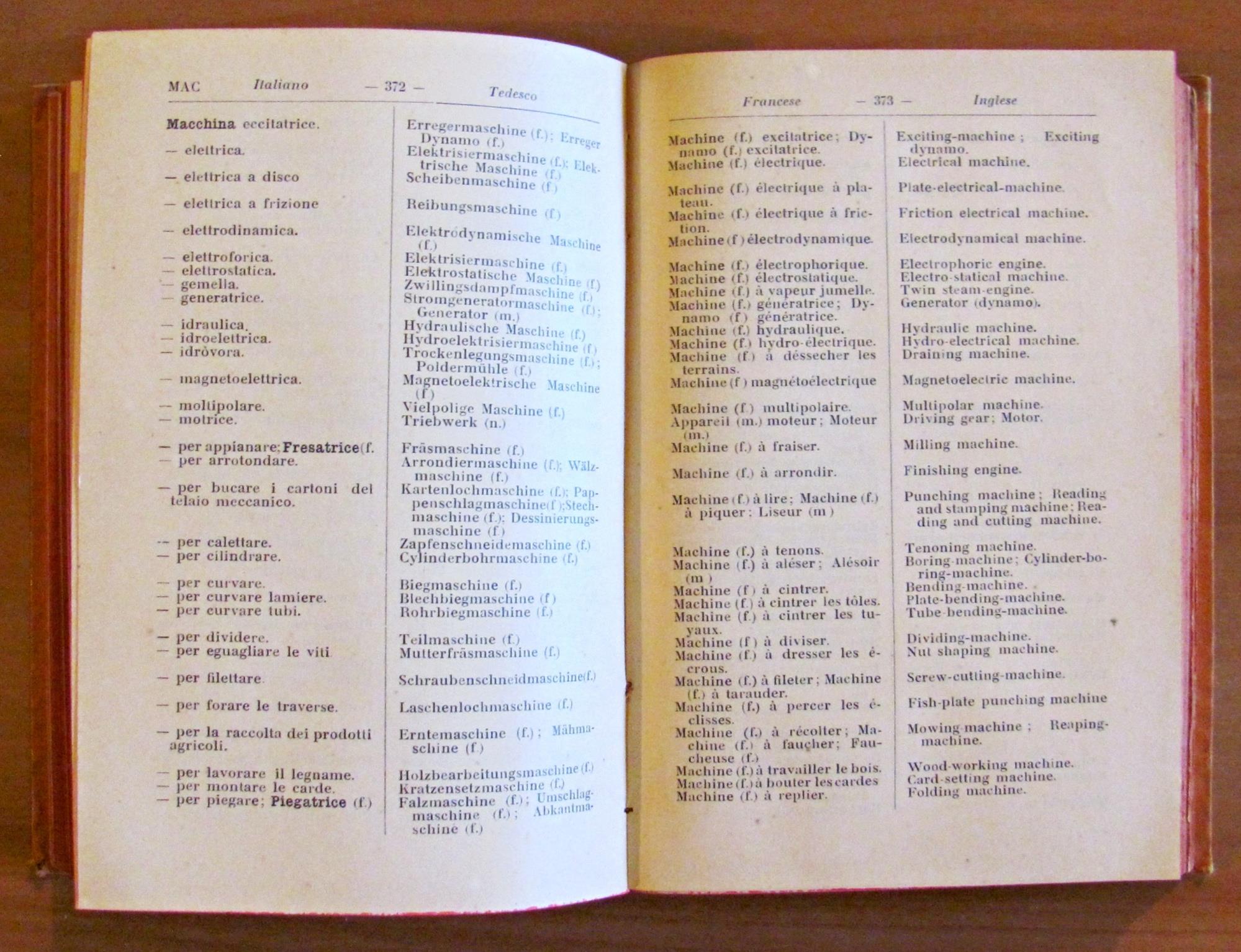 Dizionario Tecnico In Quattro Lingue - Italiano - Tedesco - Francese - Inglese - Vol. I