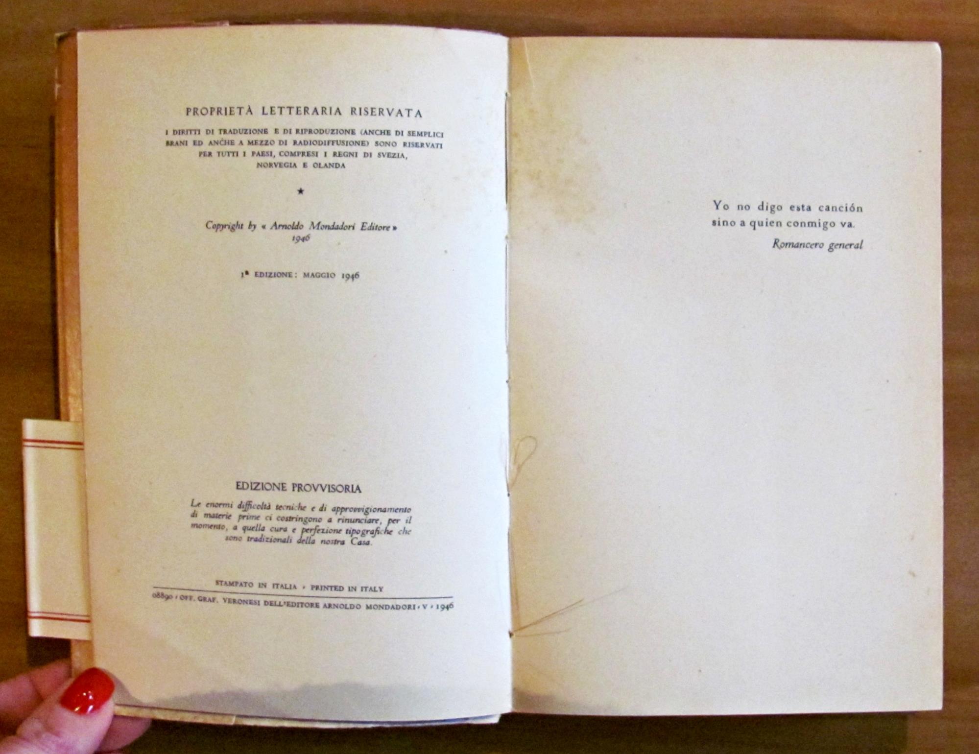 Il Libro Del Forestiero. Collana I Poeti Dello ?Specchio?. Milano Ed. Mondadori, I Edizione 1946