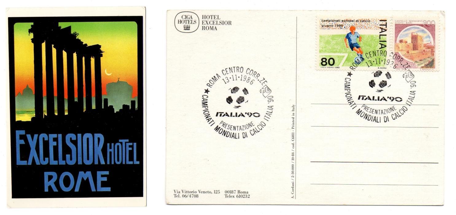 Cartolina EXCELSIOR HOTEL Presentazione Mondiale ITALIA 90 - Francobollo CAMPIONATI CALCIO 1980