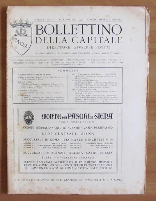 Bollettino Della Capitale. Anno I N.3 1935. Direttore Bottai Di: Governatorato Di Roma - copertina