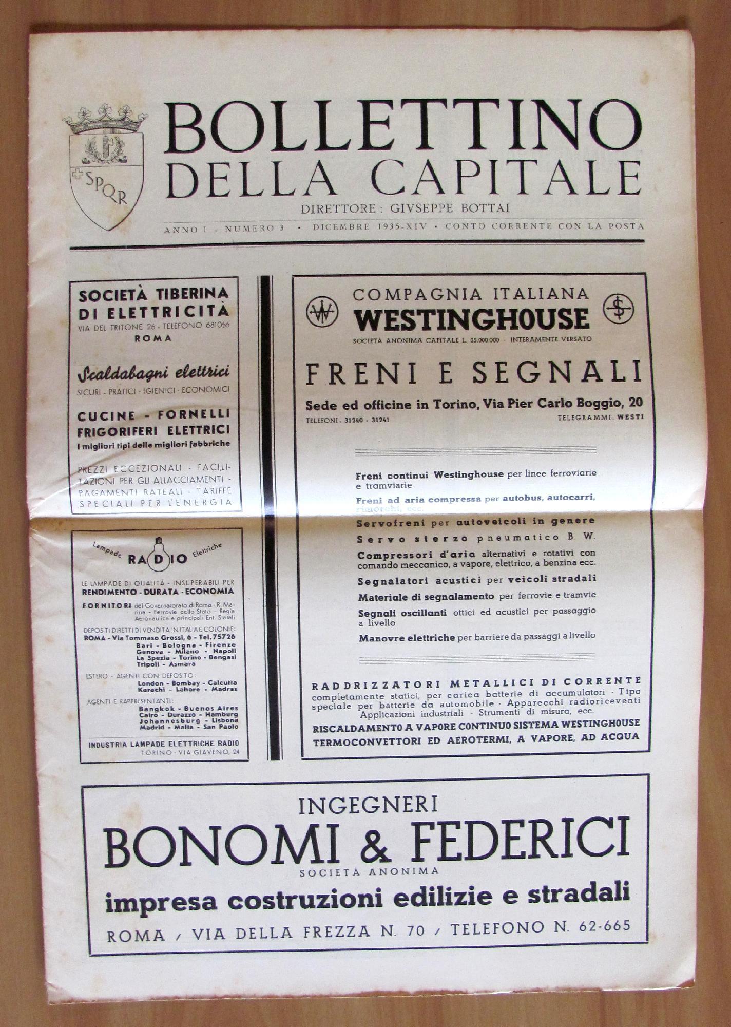 Bollettino Della Capitale. Anno I N.3 1935. Direttore Bottai Di: Governatorato Di Roma