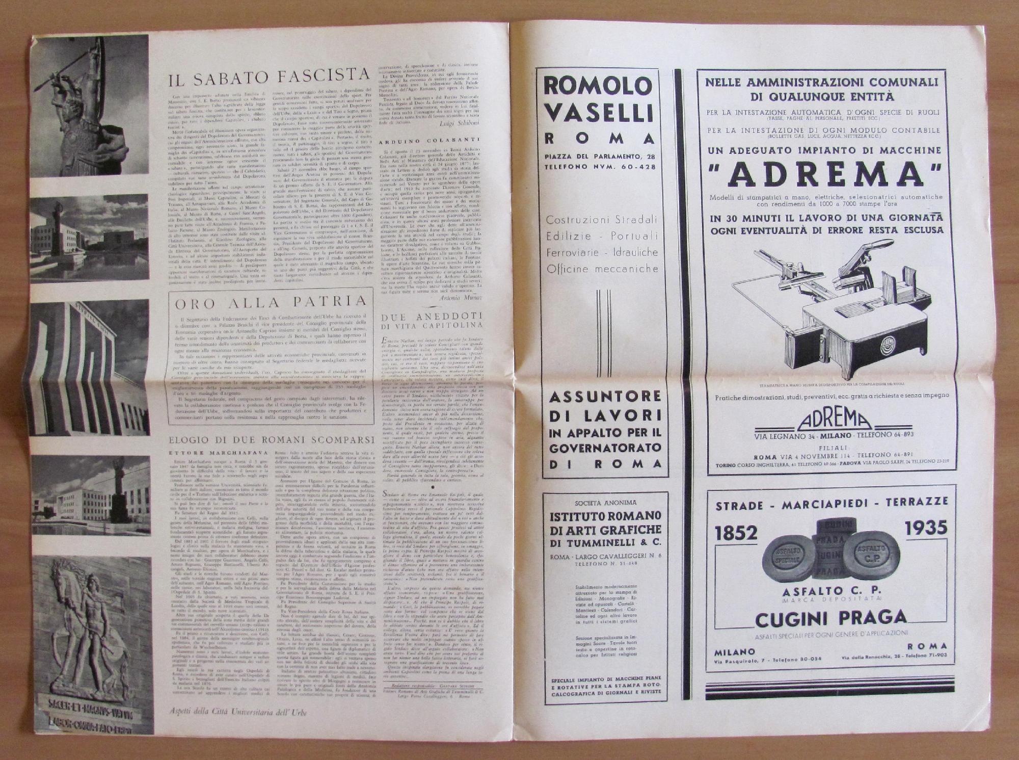 Bollettino Della Capitale. Anno I N.3 1935. Direttore Bottai Di: Governatorato Di Roma