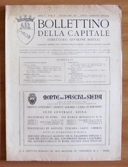 Bollettino Della Capitale. Anno I N.9 1936. Direttore Bottai Di: Governatorato Di Roma - copertina