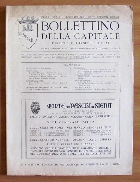 Bollettino Della Capitale. Anno I N.9 1936. Direttore Bottai Di: Governatorato Di Roma - copertina