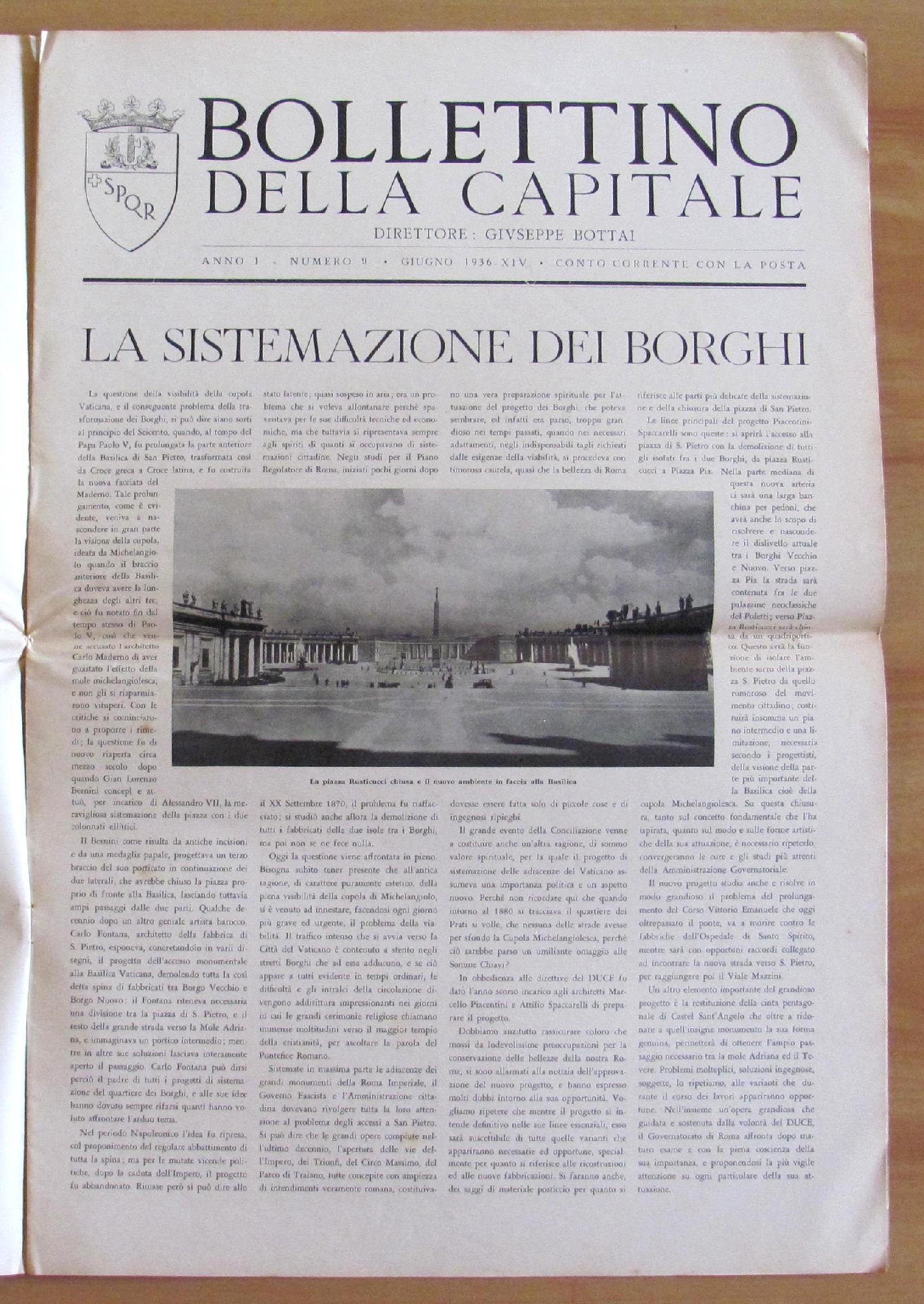 Bollettino Della Capitale. Anno I N.9 1936. Direttore Bottai Di: Governatorato Di Roma