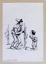 Tavola originale in china di NICO ROSSO - IL GIARDINIERE - 1940 ca. - Firmata