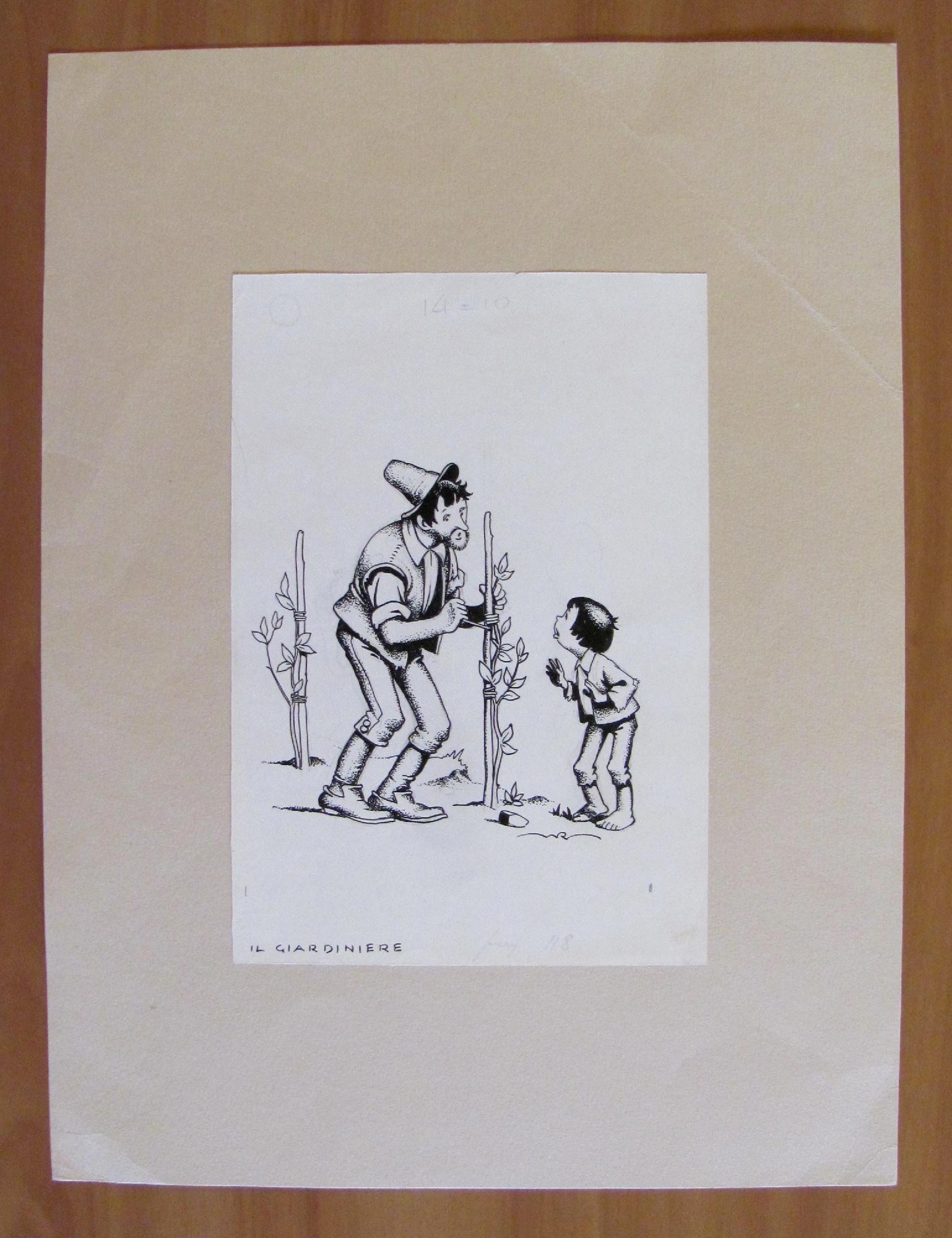 Tavola originale in china di NICO ROSSO - IL GIARDINIERE - 1940 ca. - Firmata