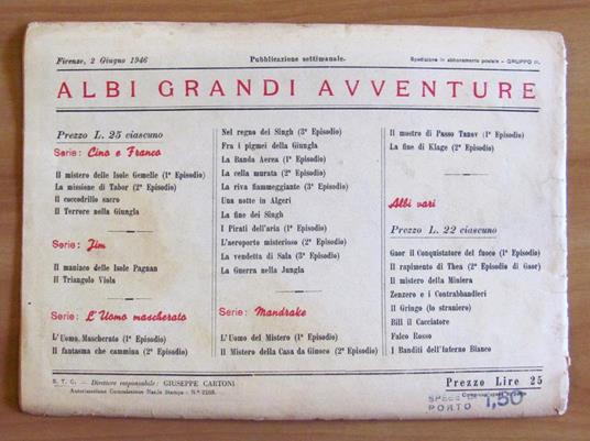 Albi Grandi Avventure N.5, 1946 Serie Uomo Mascherato - Guerra Nella Jungla - 5