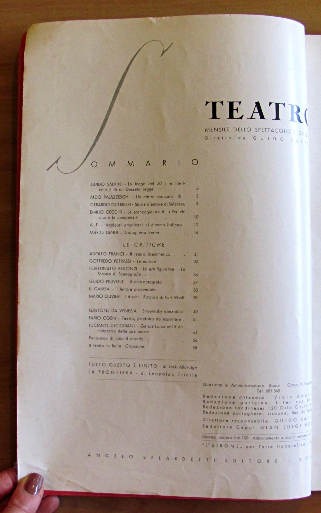 TEATRO MENSILE dello SPETTACOLO e delle ARTI - Giugno 1946 N.5 - Tavola CARRA'