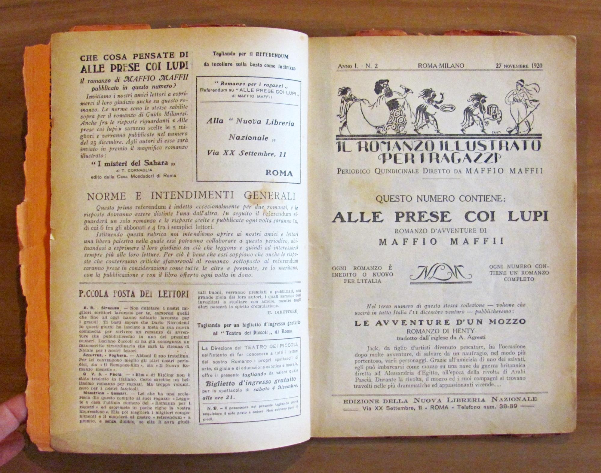 ALLE PRESE COI LUPI - Coll. Il Romanzo Illustrato per Ragazzi - Anno I N.2 del 27 Novembre 1920