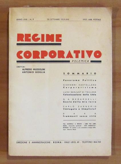 REGIME CORPORATIVO N.9 (POLEMICA), 30 Settembre 1939 - copertina