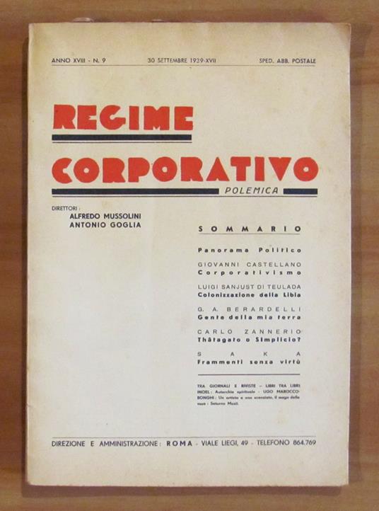 REGIME CORPORATIVO N.9 (POLEMICA), 30 Settembre 1939 - copertina