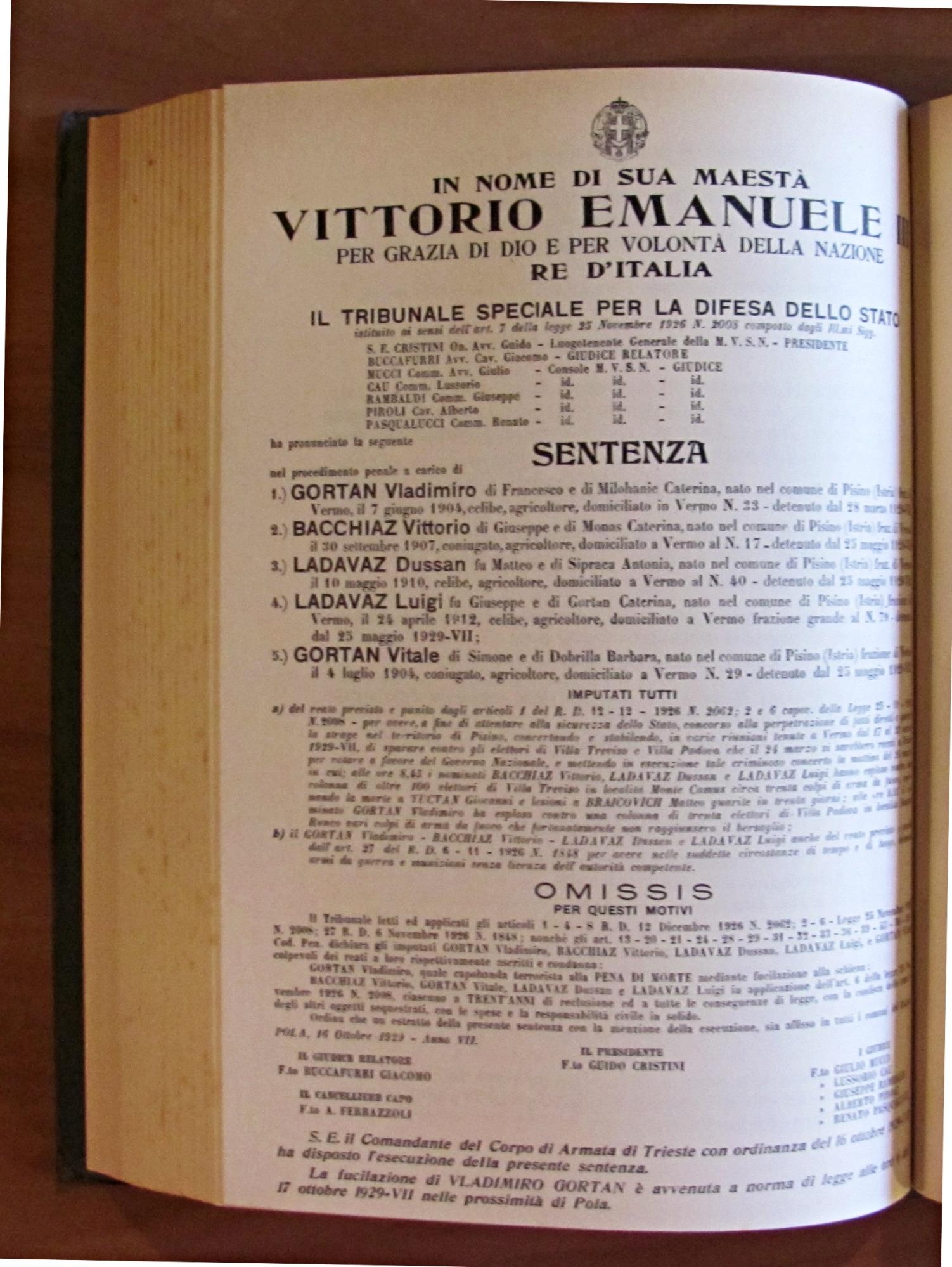 TRIBUNALE SPECIALE PER LA DIFESA DELLO STATO - Decisioni emesse nel 1929