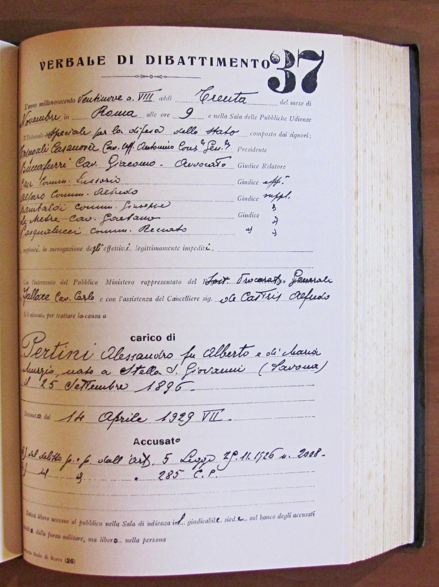 TRIBUNALE SPECIALE PER LA DIFESA DELLO STATO - Decisioni emesse nel 1929