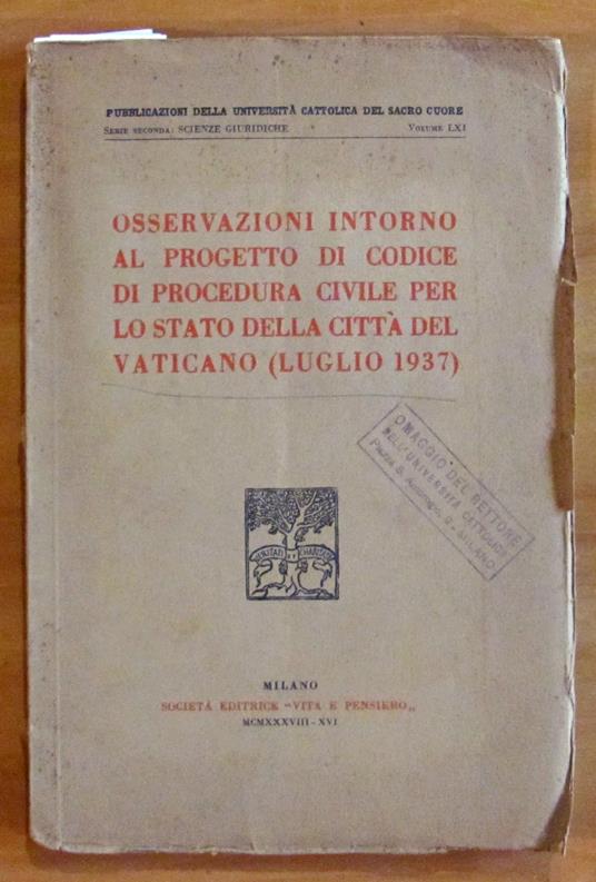Osservazioni intorno al progetto di Codice di Procedura Civile per lo Stato della Città del Vaticano (Luglio 1937) - copertina
