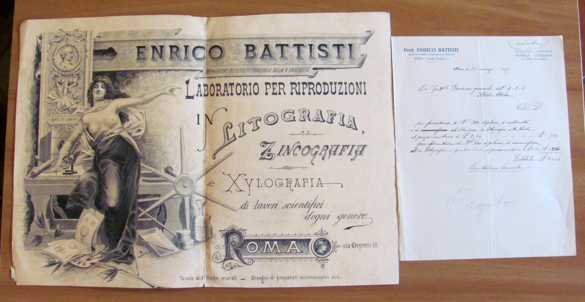 Bozzetto originale del Laboratorio di Enrico BATTISTI con lettera Ordine A.O.I