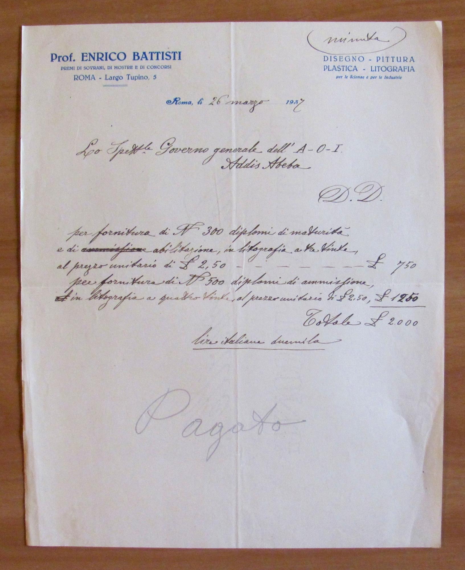 Bozzetto originale del Laboratorio di Enrico BATTISTI con lettera Ordine A.O.I