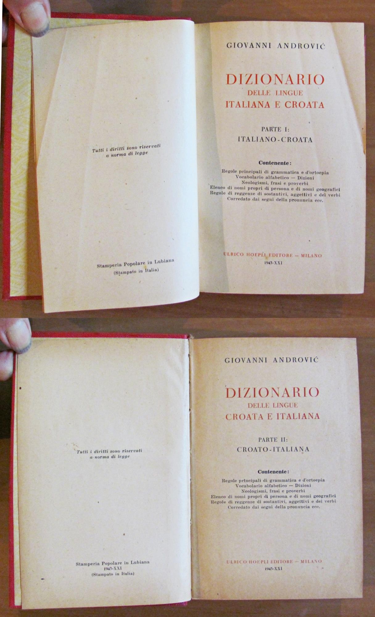 DIZIONARIO DELLE LINGUE ITALIANA E CROATA - 2 Volumi Compl. 1943
