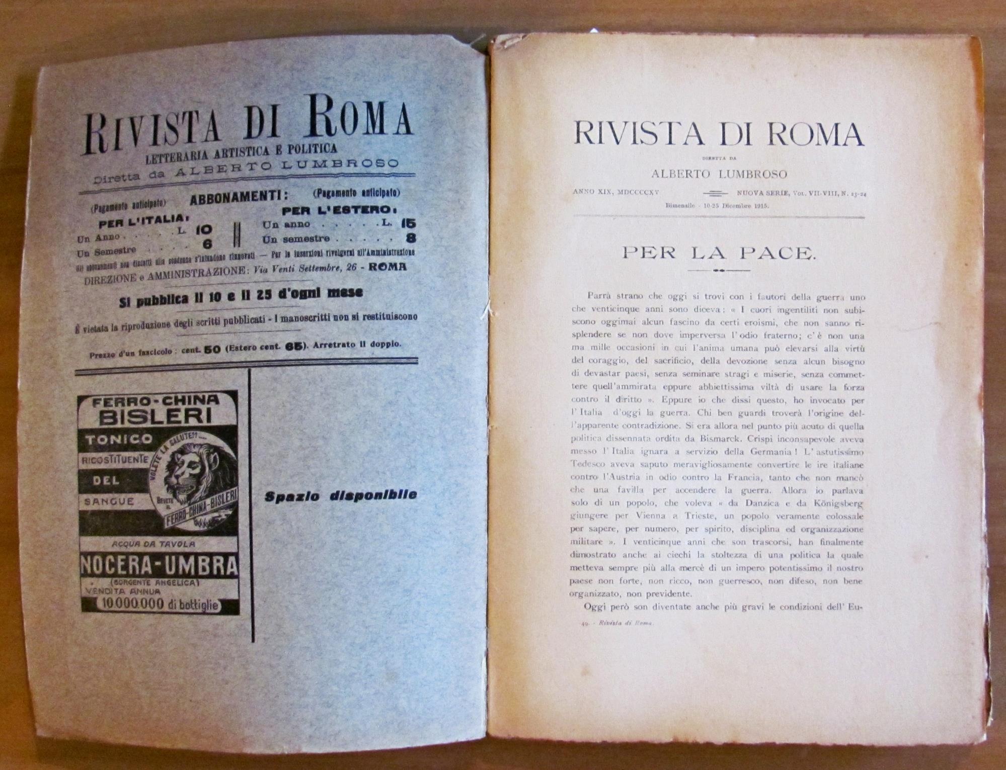 RIVISTA DI ROMA N.23-24 Anno XIX, Dicembre 1915