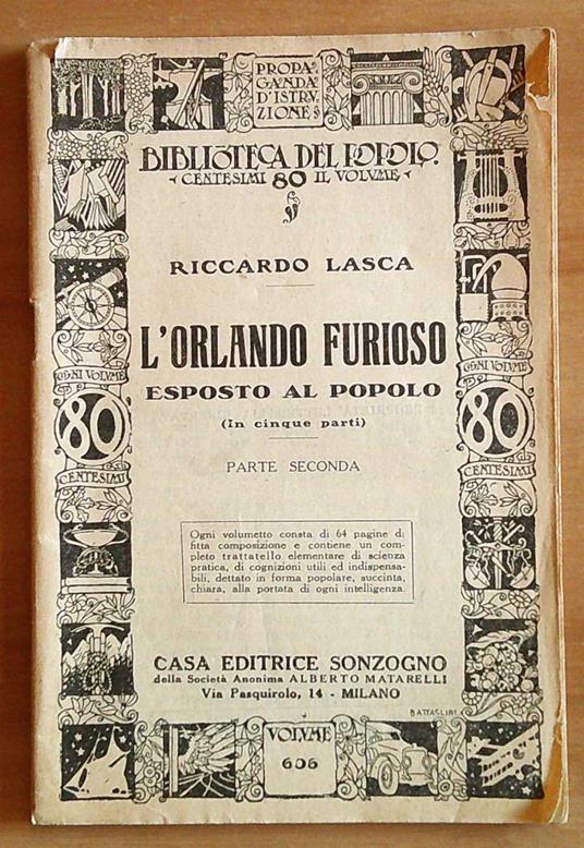 L' ORLANDO FURIOSO ESPOSTO AL POPOLO Parte II, 1936 - Biblioteca del Popolo - Riccardo Lasca - copertina