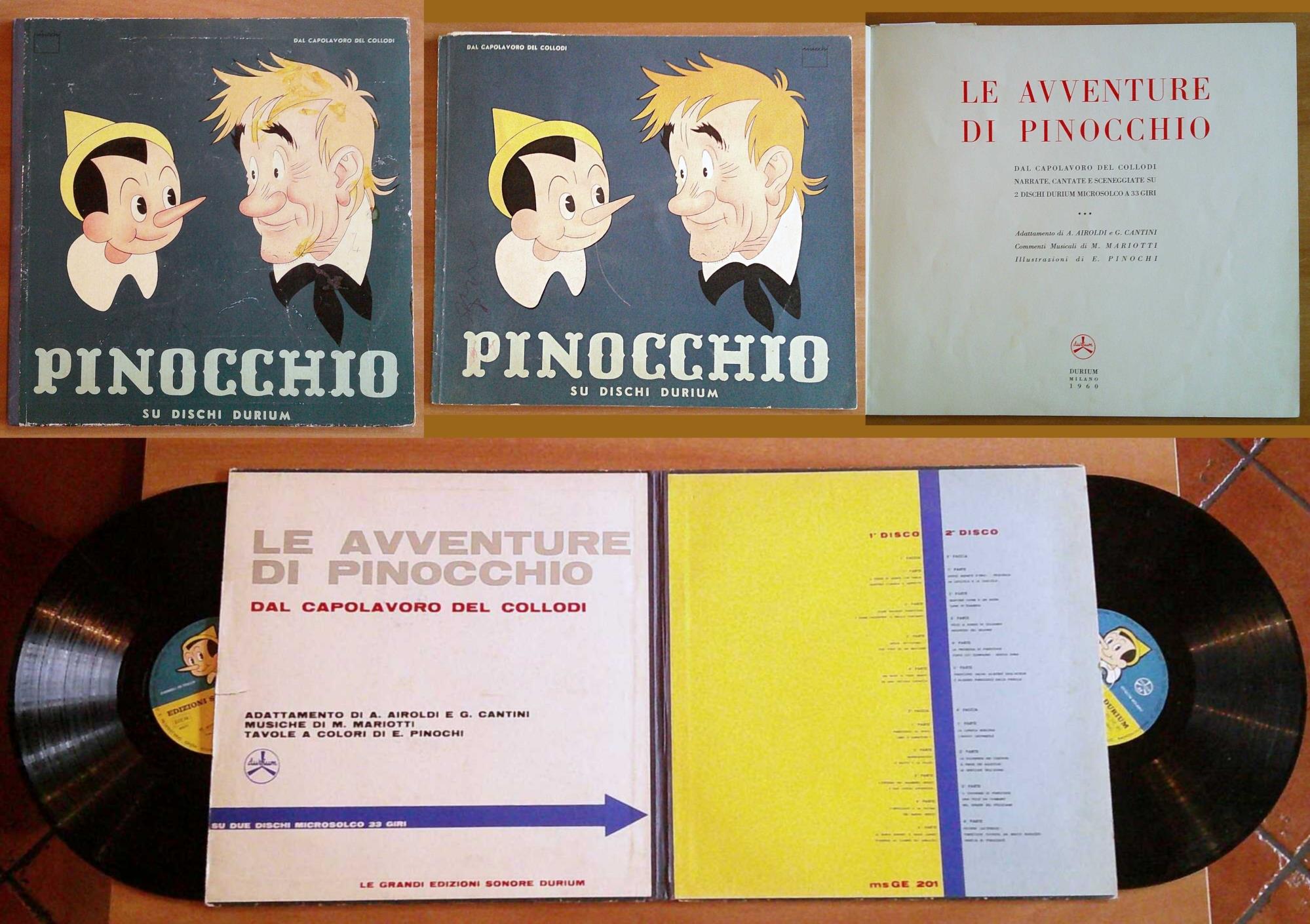 PINOCCHIO SU DISCHI DURIUM, 1960 Cofanetto con 2 Dischi + Libro - ill. PINOCHI
