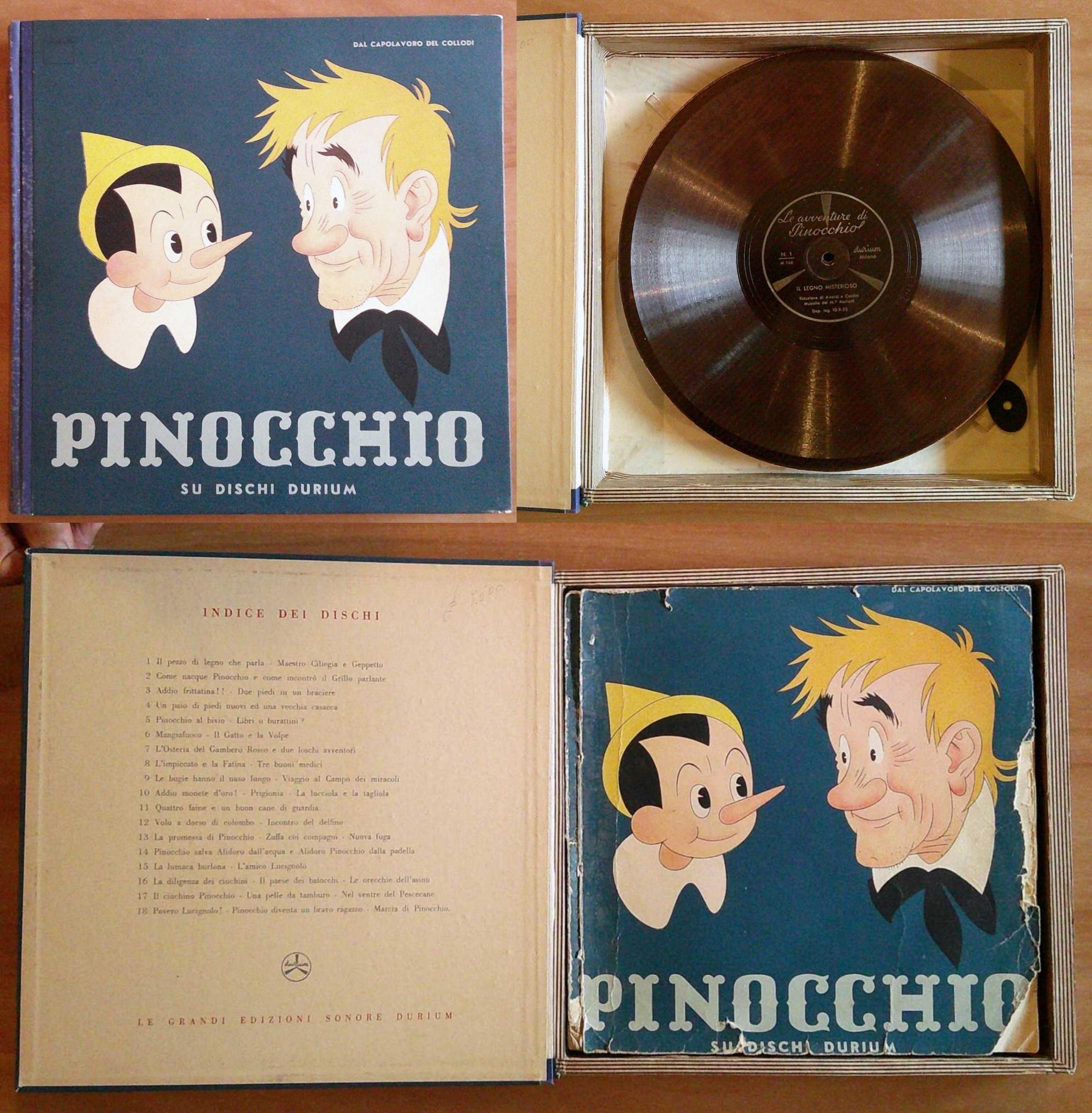 PINOCCHIO SU DISCHI DURIUM, 1950 ill. PINOCHI - Cofanetto con Libro e Dischi