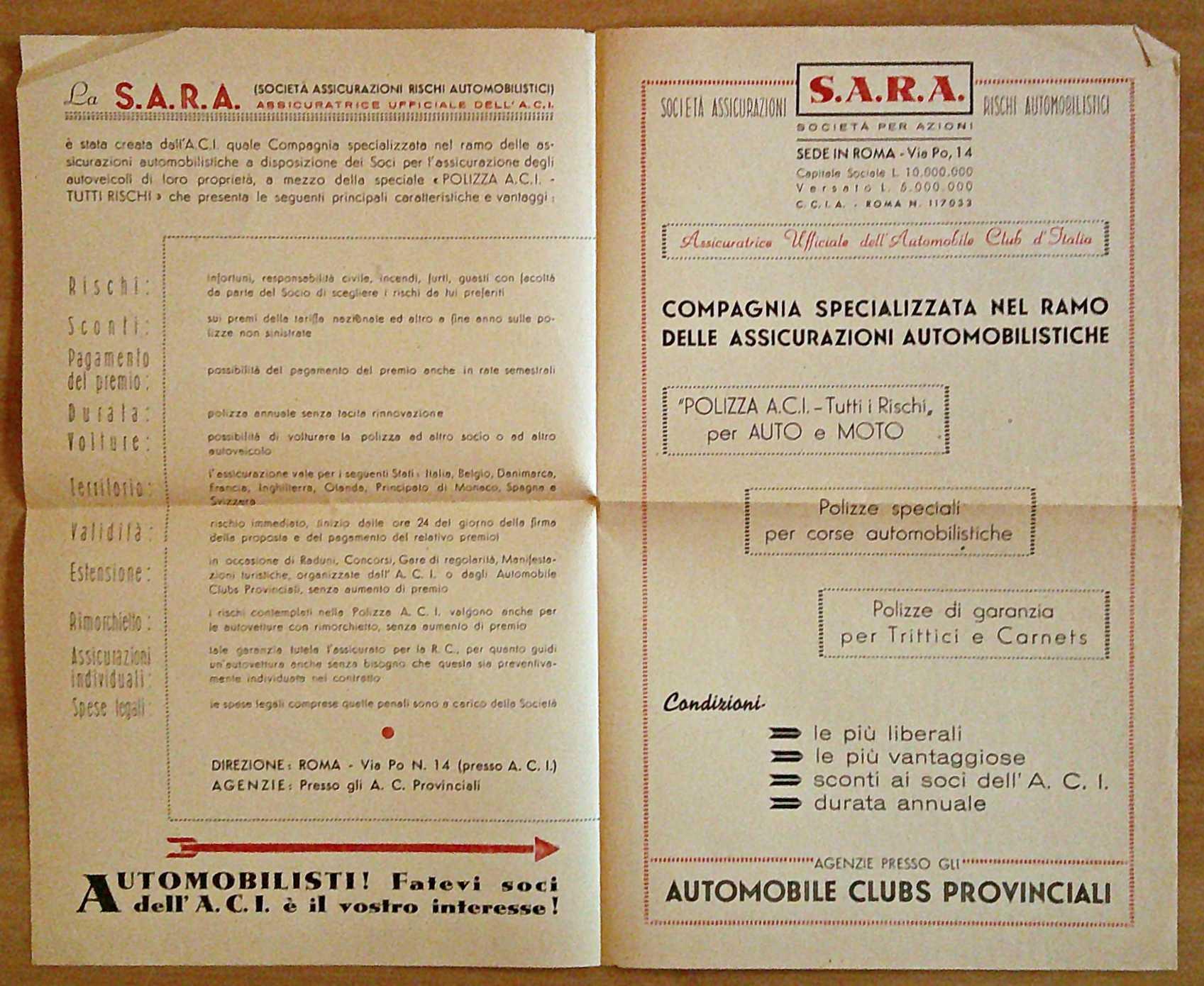 AUTOMOBILE CLUB D'ITALIA - Itinerari Stradali, 1949 con Depliant SARA Assicurazioni