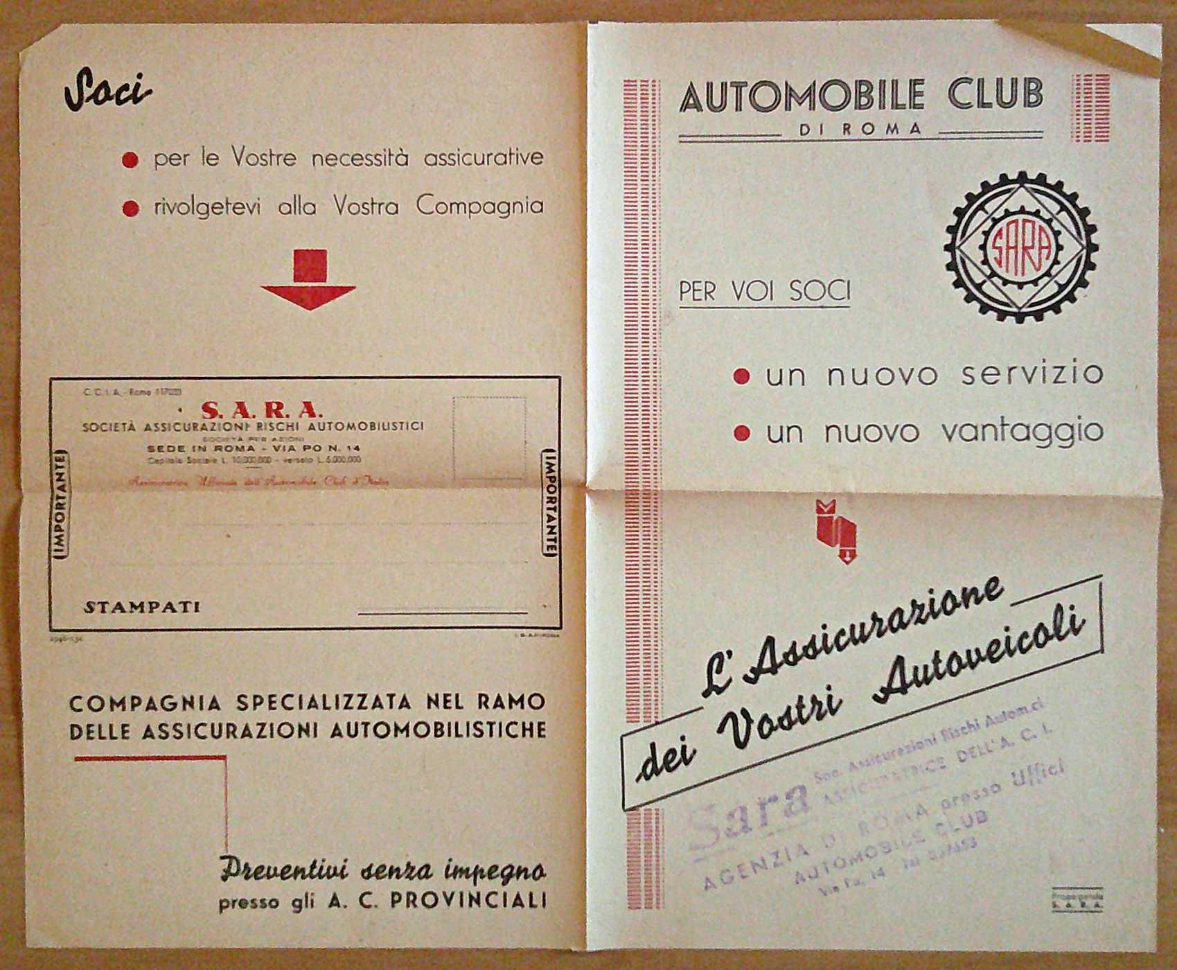 AUTOMOBILE CLUB D'ITALIA - Itinerari Stradali, 1949 con Depliant SARA Assicurazioni