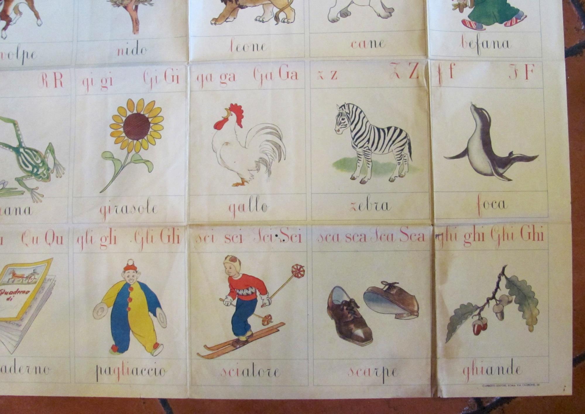 Manifesto Scolastico ABBECEDARIO, anni '40 - 107x82 con PINOCCHIO