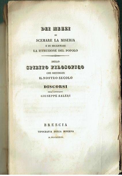 Dei Mezzi di Scemare La Miseria Migliorare La Istruzione Del Popolo Brescia 1807 - copertina