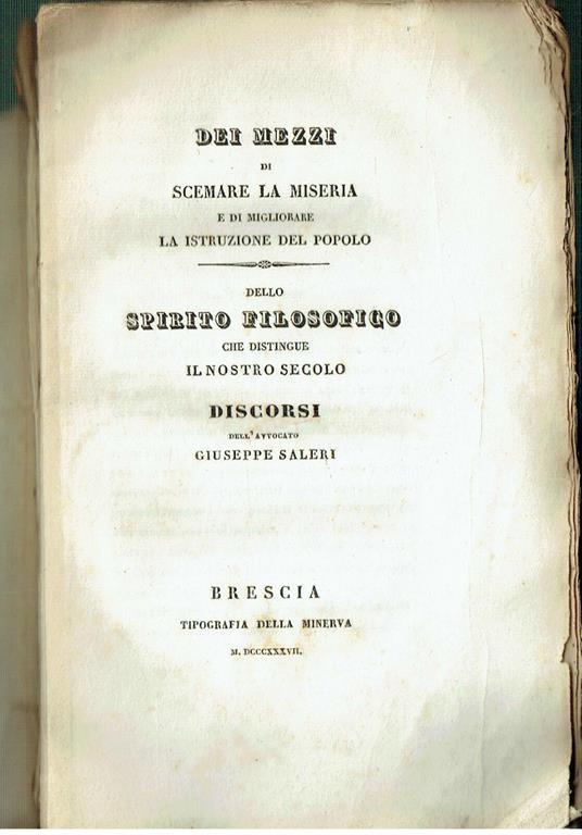 Dei Mezzi di Scemare La Miseria Migliorare La Istruzione Del Popolo Brescia 1807 - copertina