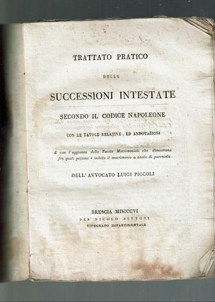 Trattato Pratico Delle Successioni Intestate Secondo Il Codice Napoleone 1806 - copertina