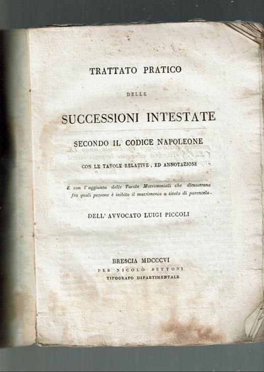 Trattato Pratico Delle Successioni Intestate Secondo Il Codice Napoleone 1806 - copertina