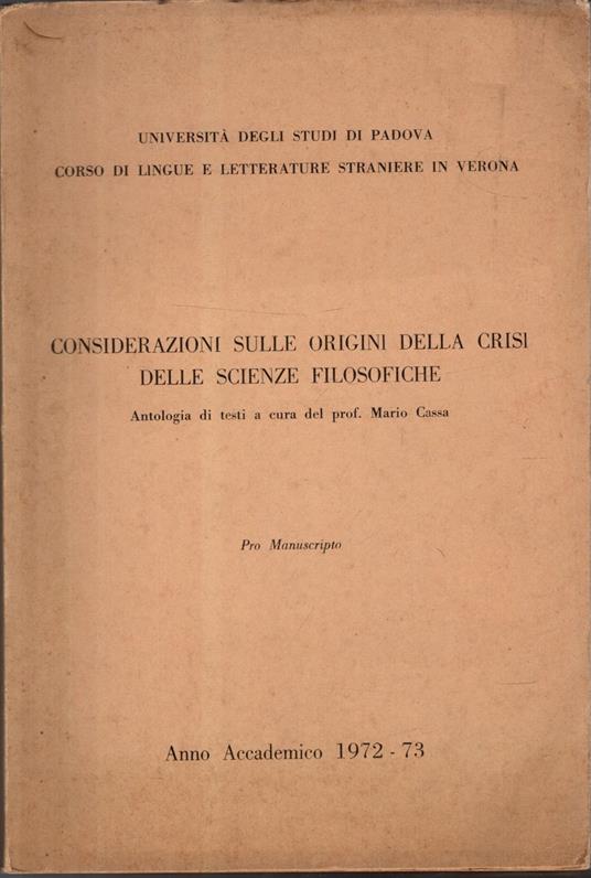 Considerazioni Sulle Origini Della Crisi Delle Scienze Filosofiche - Mario Cassa - copertina