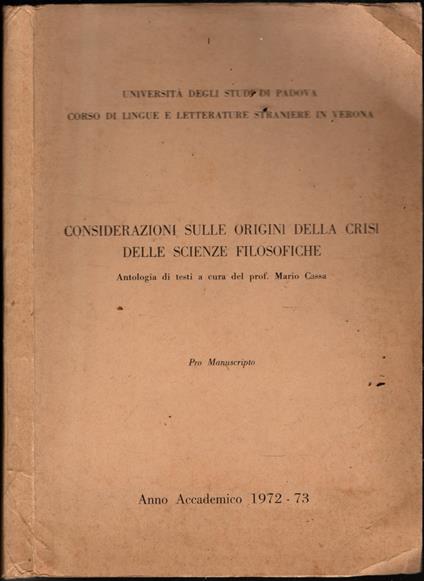 Considerazioni Sulle Origini Della Crisi Delle Scienze Filosofiche - Mario Cassa - copertina