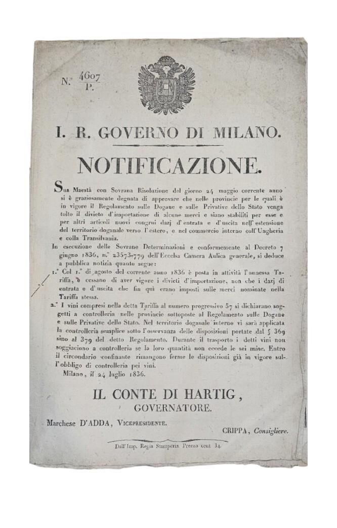 Governo di Milano Notificazione 1835-36