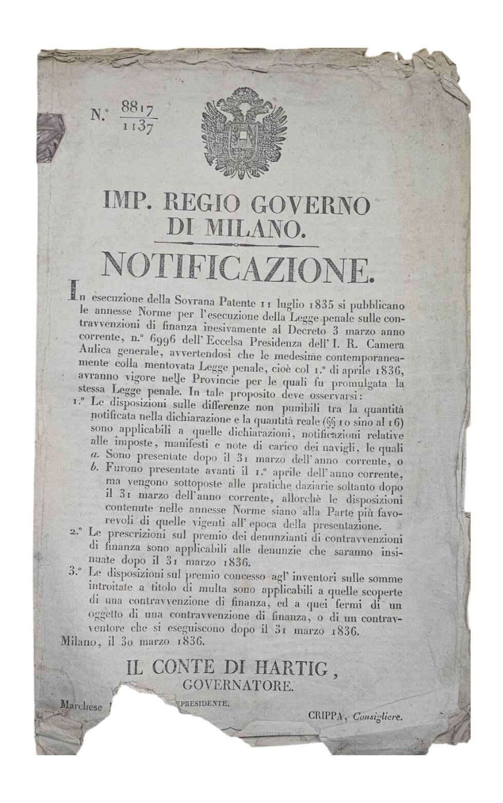 Governo di Milano Notificazione 1835-36