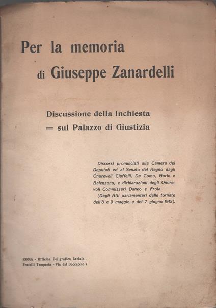 Per la memoria di Giuseppe Zanaredelli: discussione della inchiesta sul palazzo di giustizia - copertina