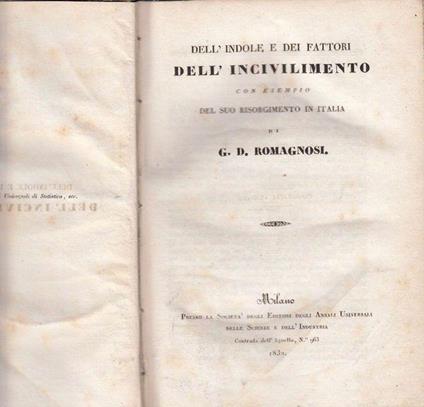 Dell'indole e dei fattori dell'incivilimento con esempio del suo risorgimento in Italia - G. Domenico Romagnosi - copertina