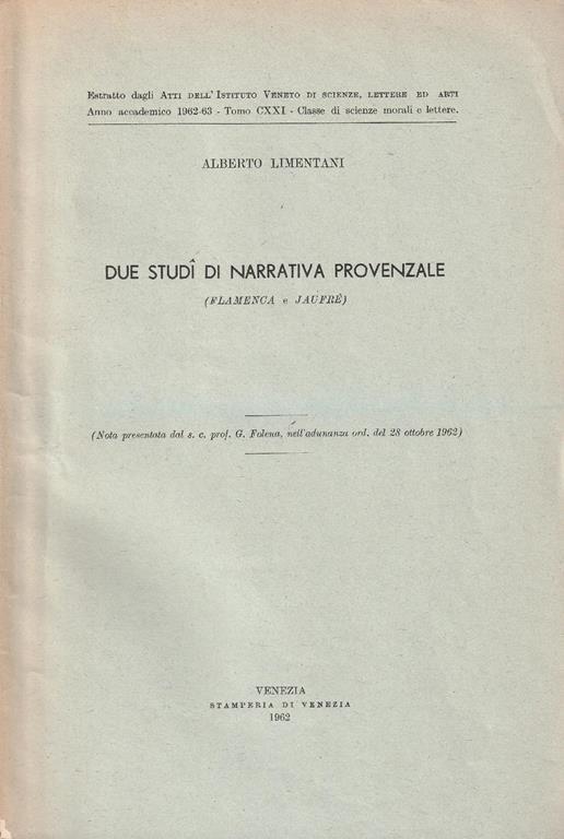 Due studi di narrativa provenzale (Flamenca e Jaufrè) - Alberto Limentani - copertina