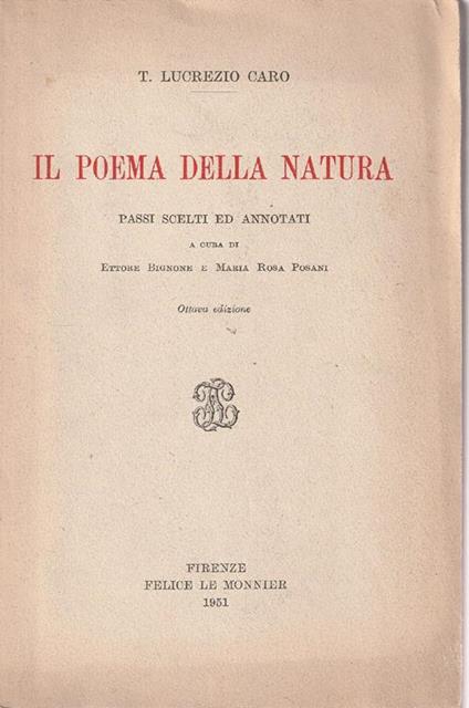 Il poema della natura: passi scelti ed annotati - Tito Lucrezio Caro - copertina