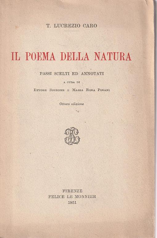 Il poema della natura: passi scelti ed annotati - Tito Lucrezio Caro - copertina