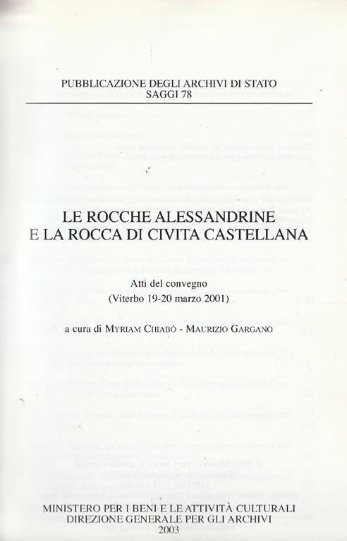 Le rocche alessandrine e la rocca di Civita Castellana : atti del Convegno, Viterbo 19-20 marzo 2001 - copertina