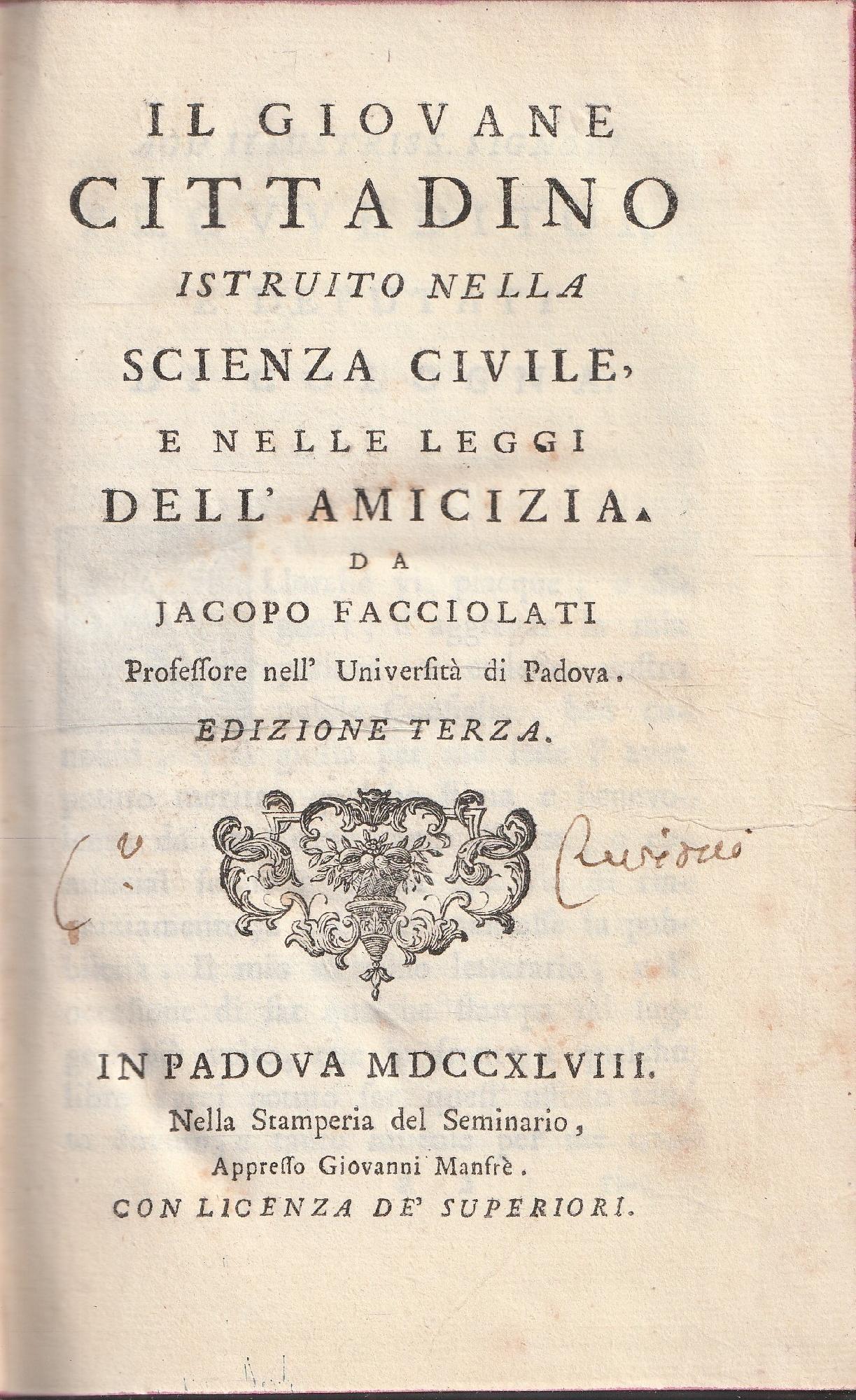 Il giovane cittadino istruito nella scienza civile, e nelle leggi dell'amicizia