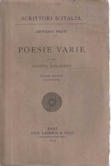 Poesie varie di Giovanni Prati a cura di Olindo Malagodi Volume 2 - Giovanni Prati - copertina
