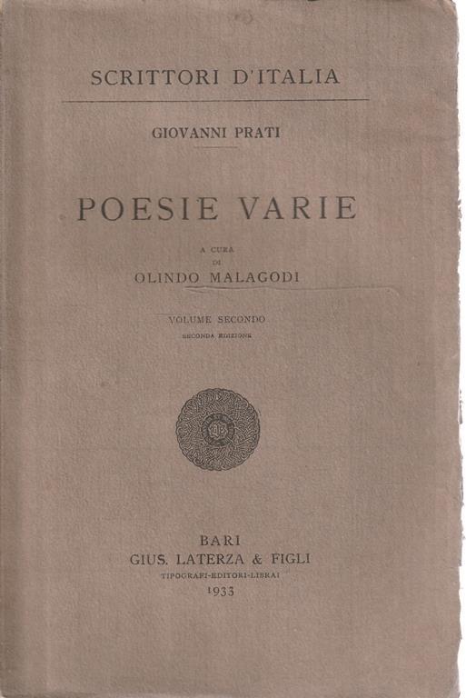 Poesie varie di Giovanni Prati a cura di Olindo Malagodi Volume 2 - Giovanni Prati - copertina