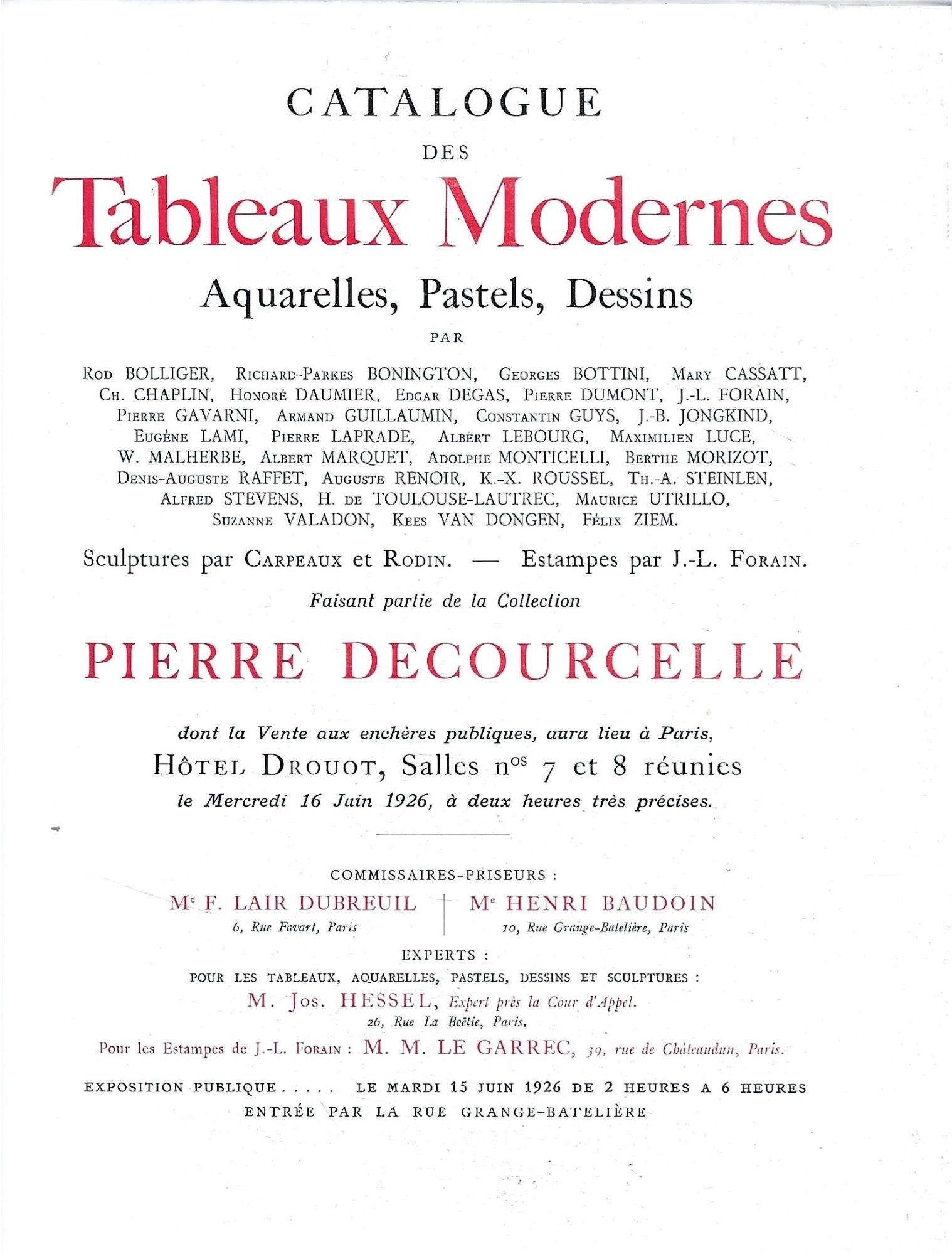 Collection Pierre Decourcelle. Catalogue des Tableaux Modernes. Paris, Hotel Drouot, 16 Juin 1926
