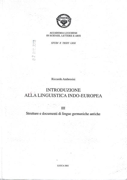 Introduzione alla linguistica indo-europea, III : Strutture e documenti di lingue germaniche antiche - Riccardo Ambrosini - copertina